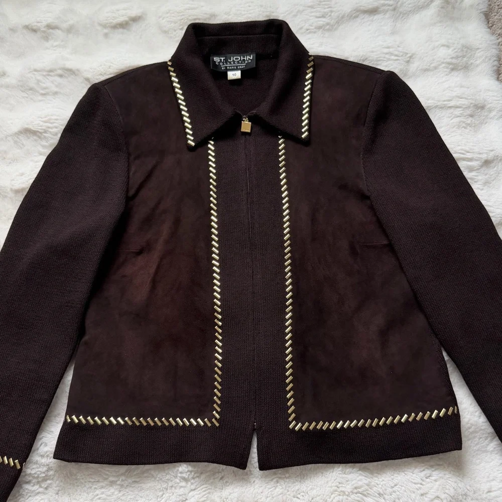 ✨St. John Collection Brown Suede Knit Jacket Gold Chain Trim Zipper Blazer - 10